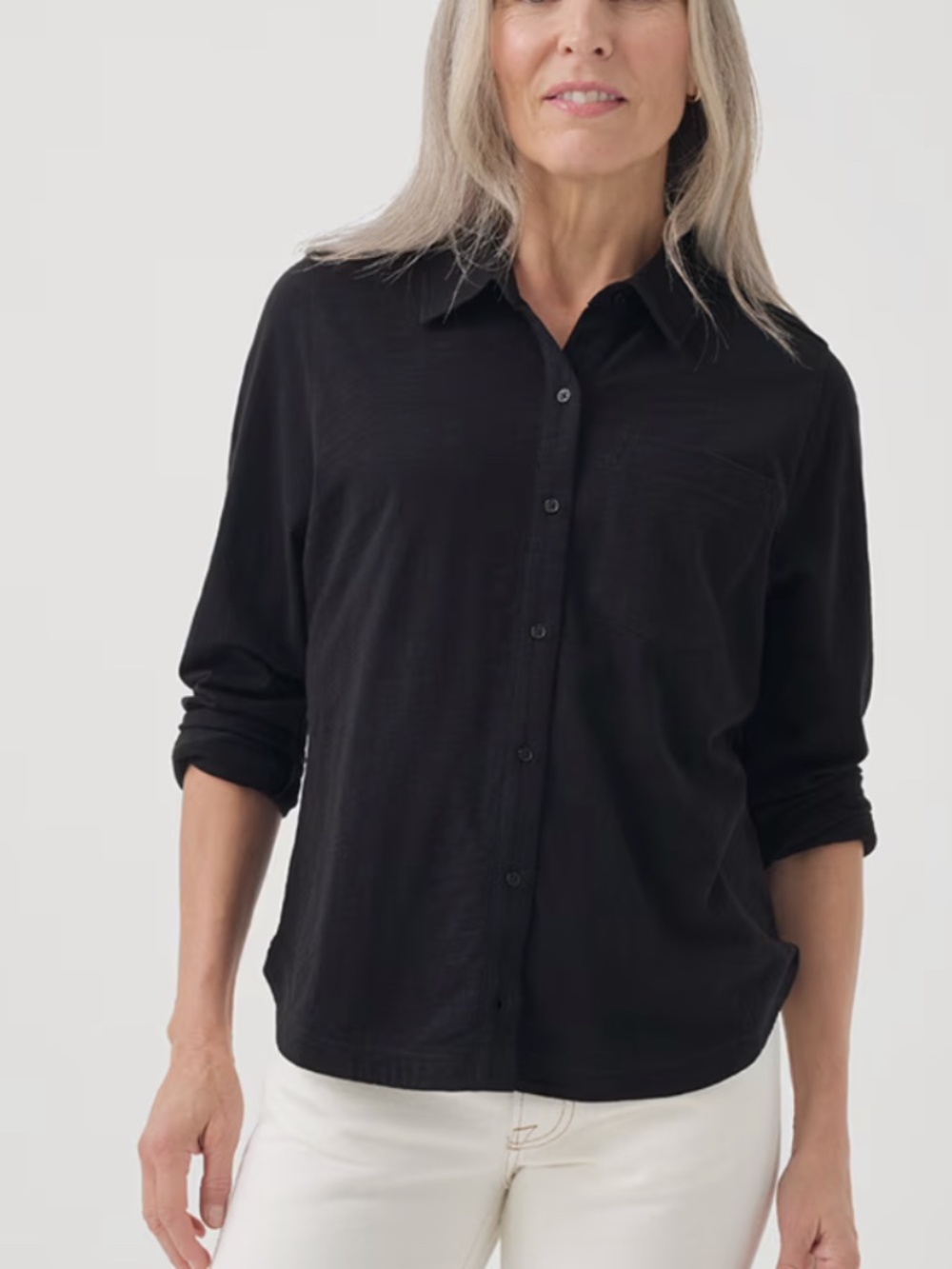 PACT Women's Black Relaxed Slub Long Sleeve Button Up S